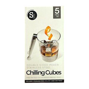 Double Sided Poker Themed Stainless Steel Chilling Cubes with Tongs - 5pc Set